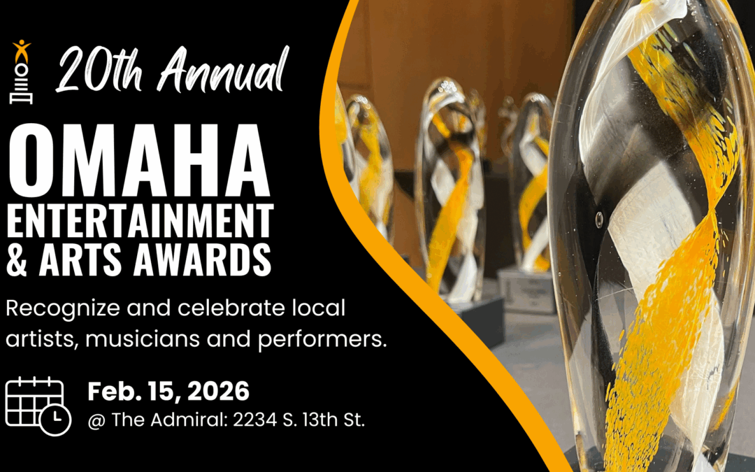 This photo shows the logo for the Omaha Entertainment & Arts Awards with the Admiral location and Feb. 15, 2026 date, paired with a photo of trophies presented at the previous year's award show. The trophies have three colors (gold, black and white) spiraling within clear glass. The three colors represent the three voting academies and genres (music, visual arts and performing arts) for the OEAA nonprofit.