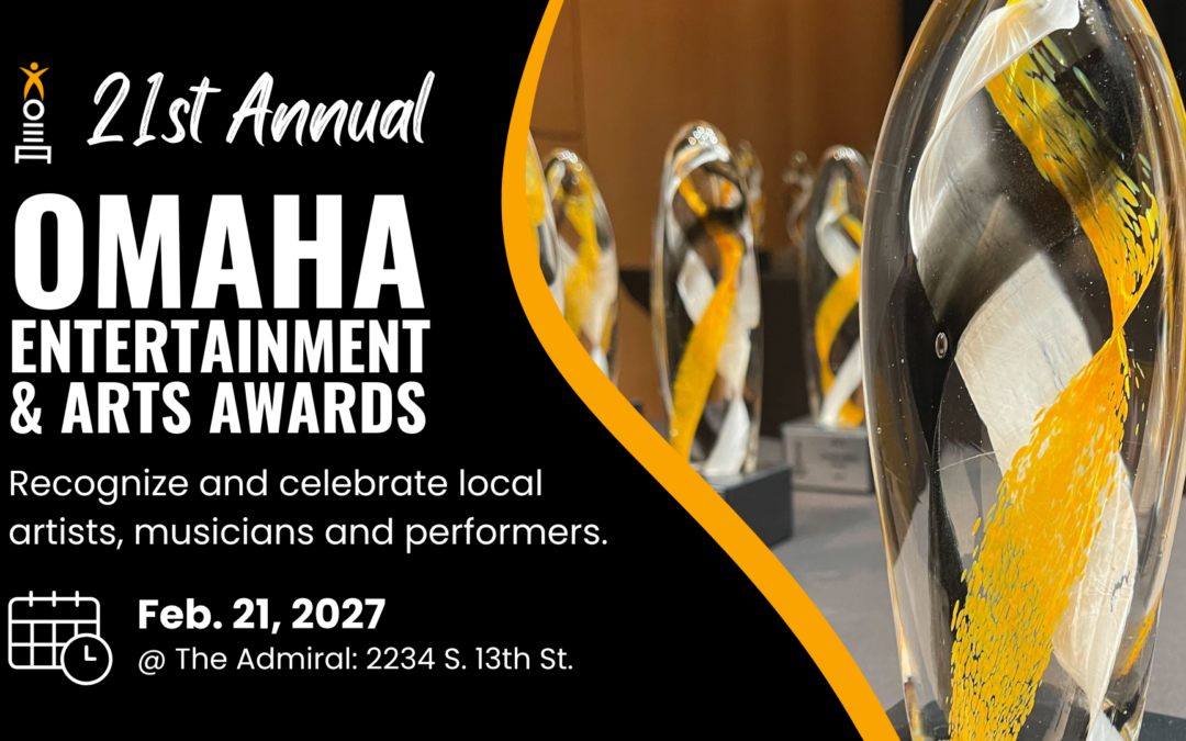 This photo shows the logo for the Omaha Entertainment & Arts Awards with the Admiral location and Feb. 21, 2027 date, paired with a photo of trophies presented at the previous year's award show. The trophies have three colors (gold, black and white) spiraling within clear glass. The three colors represent the three voting academies and genres (music, visual arts and performing arts) for the OEAA nonprofit.